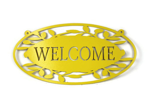 Yellow powder coat welcome leaf pattern metal wall sign