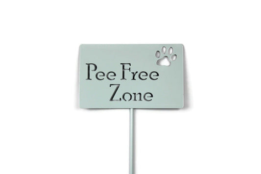 Pee Free Zone with paw mint white powder coat garden stake sign