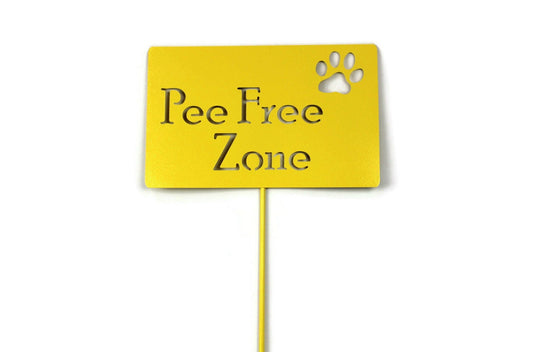 Pee Free Zone with paw yellow powder coat garden stake sign