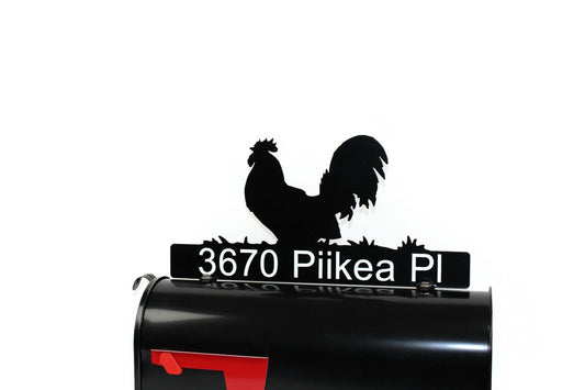 Black rooster custom mailbox topper with address installed on a mailbox