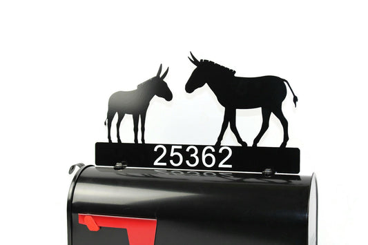 Black donkey custom mailbox topper with address installed on a mailbox