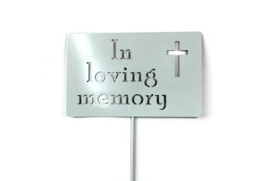 In Loving Memory with cross mint white powder coat garden stake sign