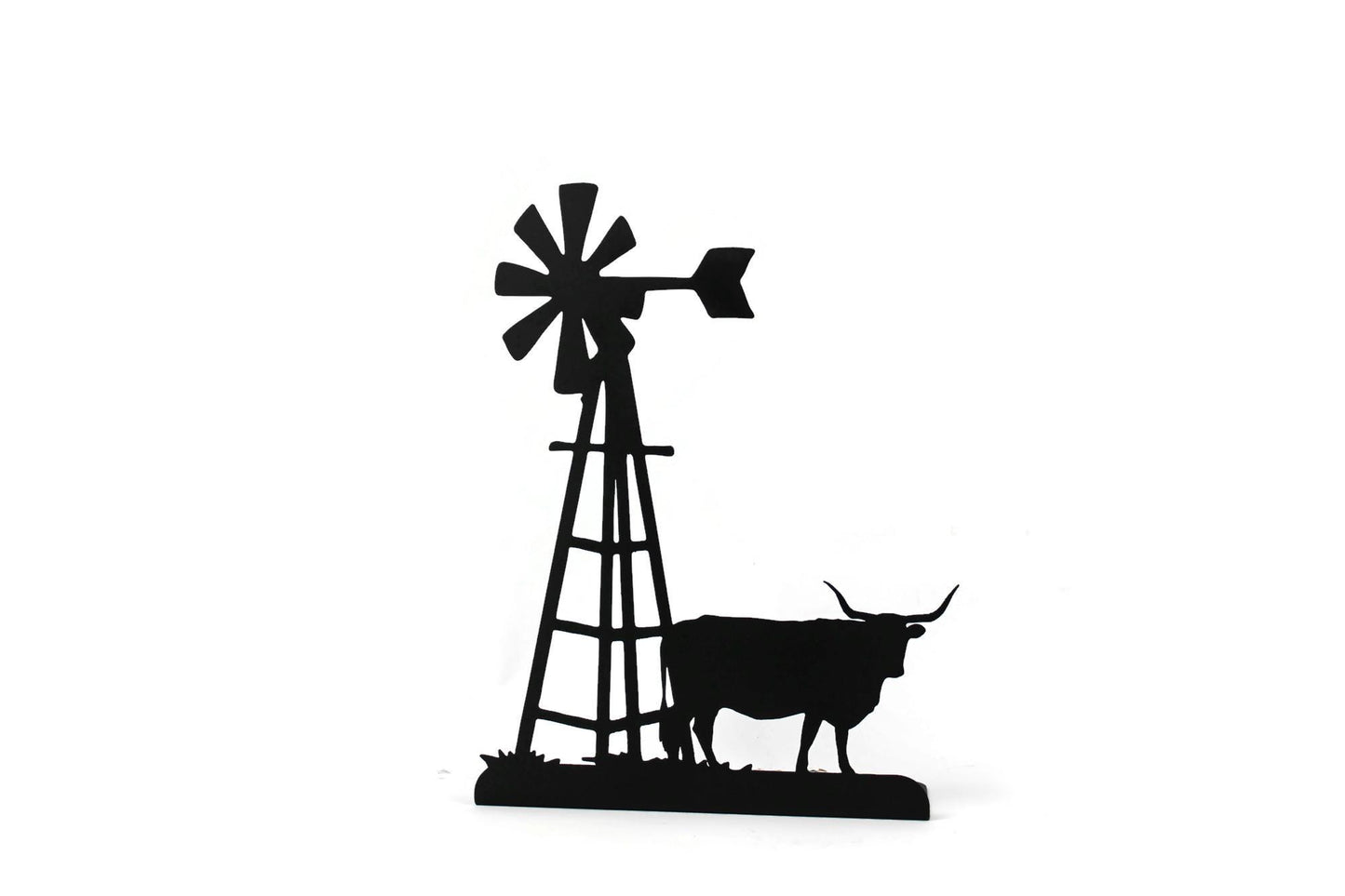 Windmill and Longhorn Cow Tabletop Metal Home Decor 14.75 Inches Tall