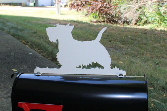 Oatmeal Scottish Terrier mailbox topper installed on a mailbox