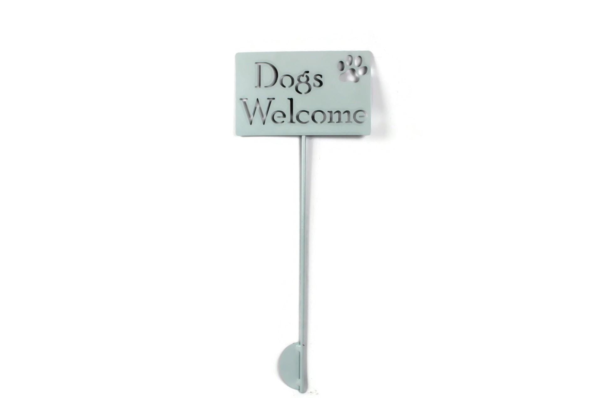 Dogs Welcome mint white powder coated garden stake sign