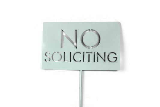 No Soliciting block text mint white powder coat garden stake sign