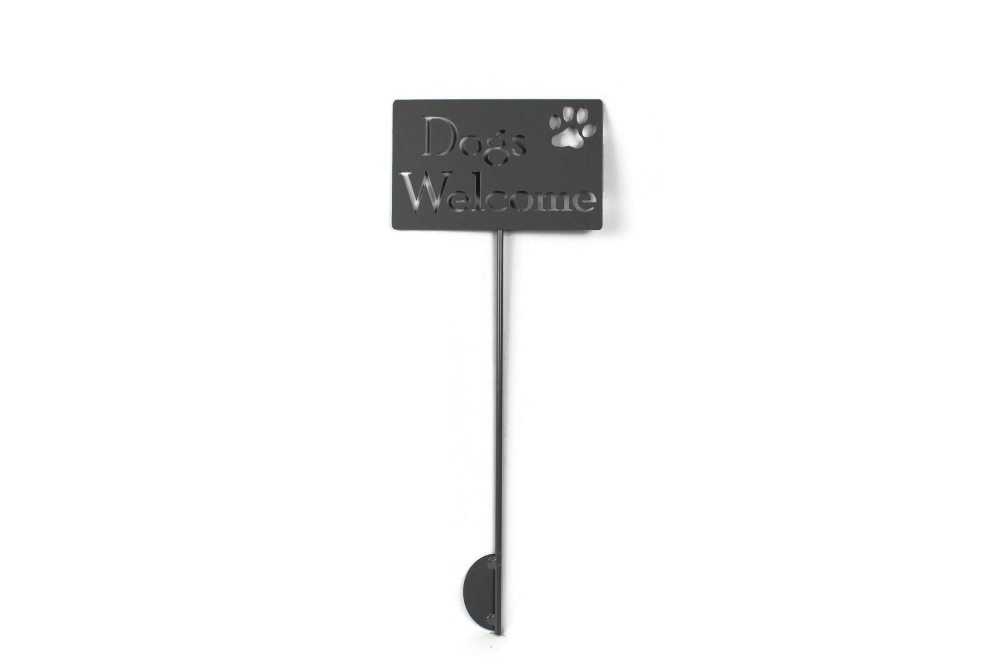Dogs Welcome raw steel garden stake sign