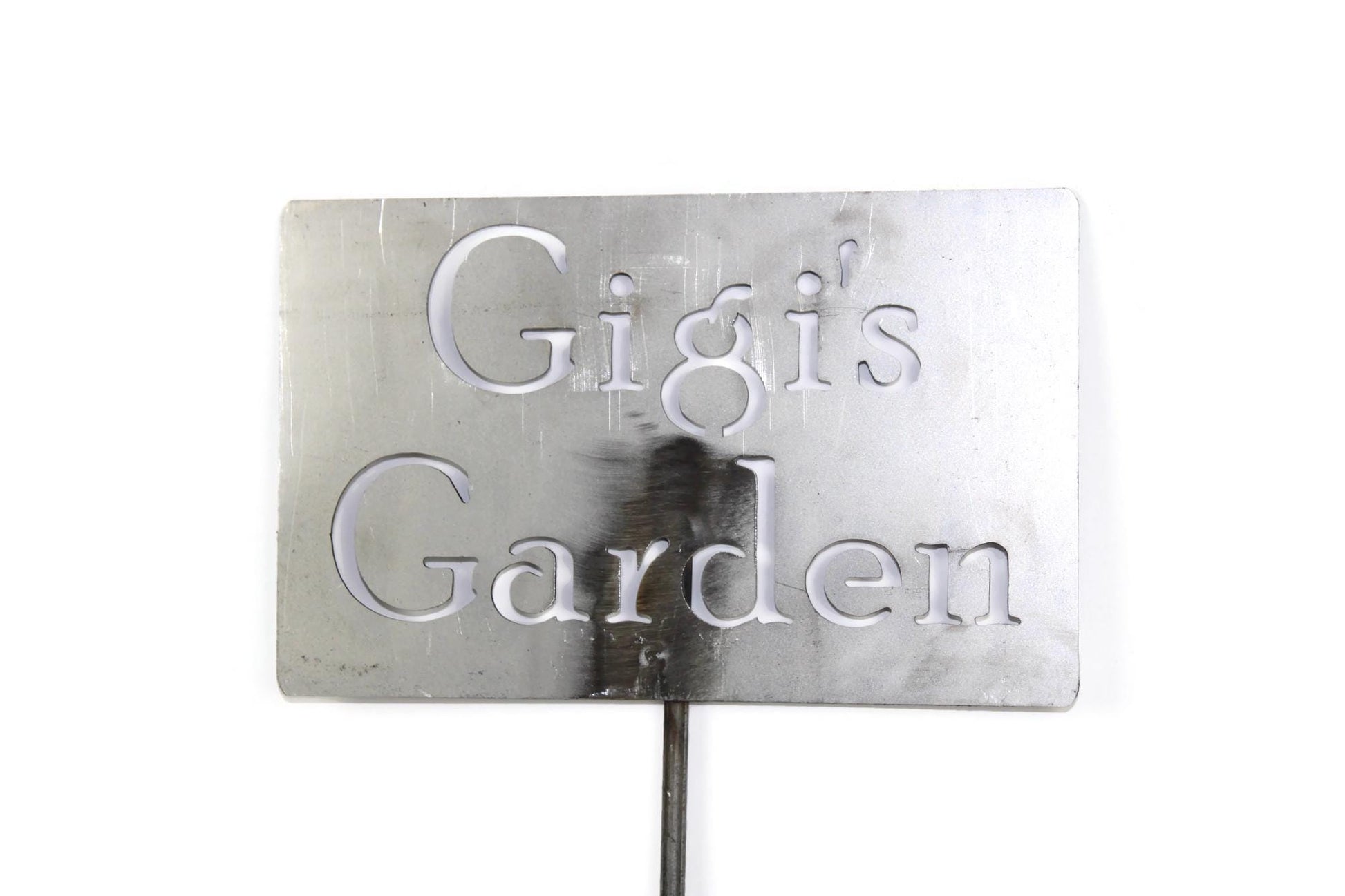 Gigi's Garden raw steel garden stake sign