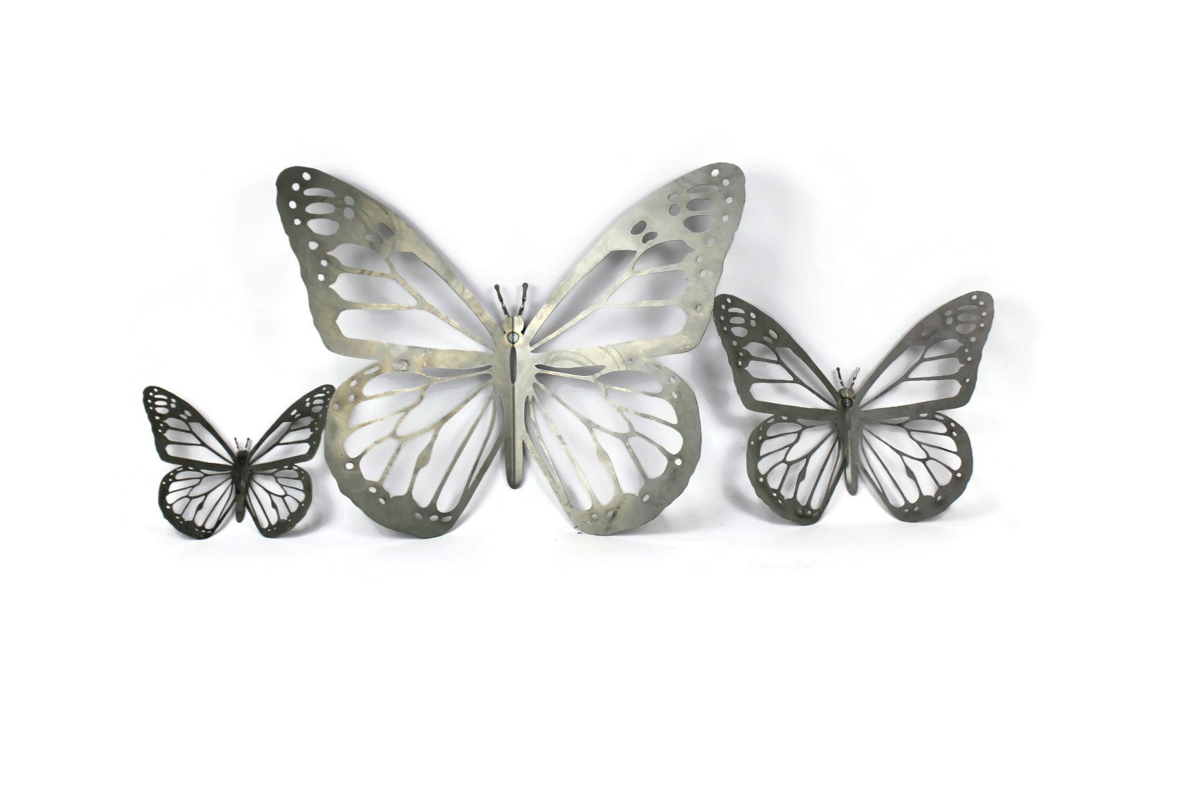 Raw steel metal monarch butterfly wall art in three sizes