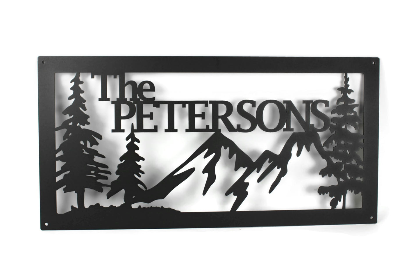 Family Name Metal Mountain Forest Cabin Sign 23 to 32 Inches Wide