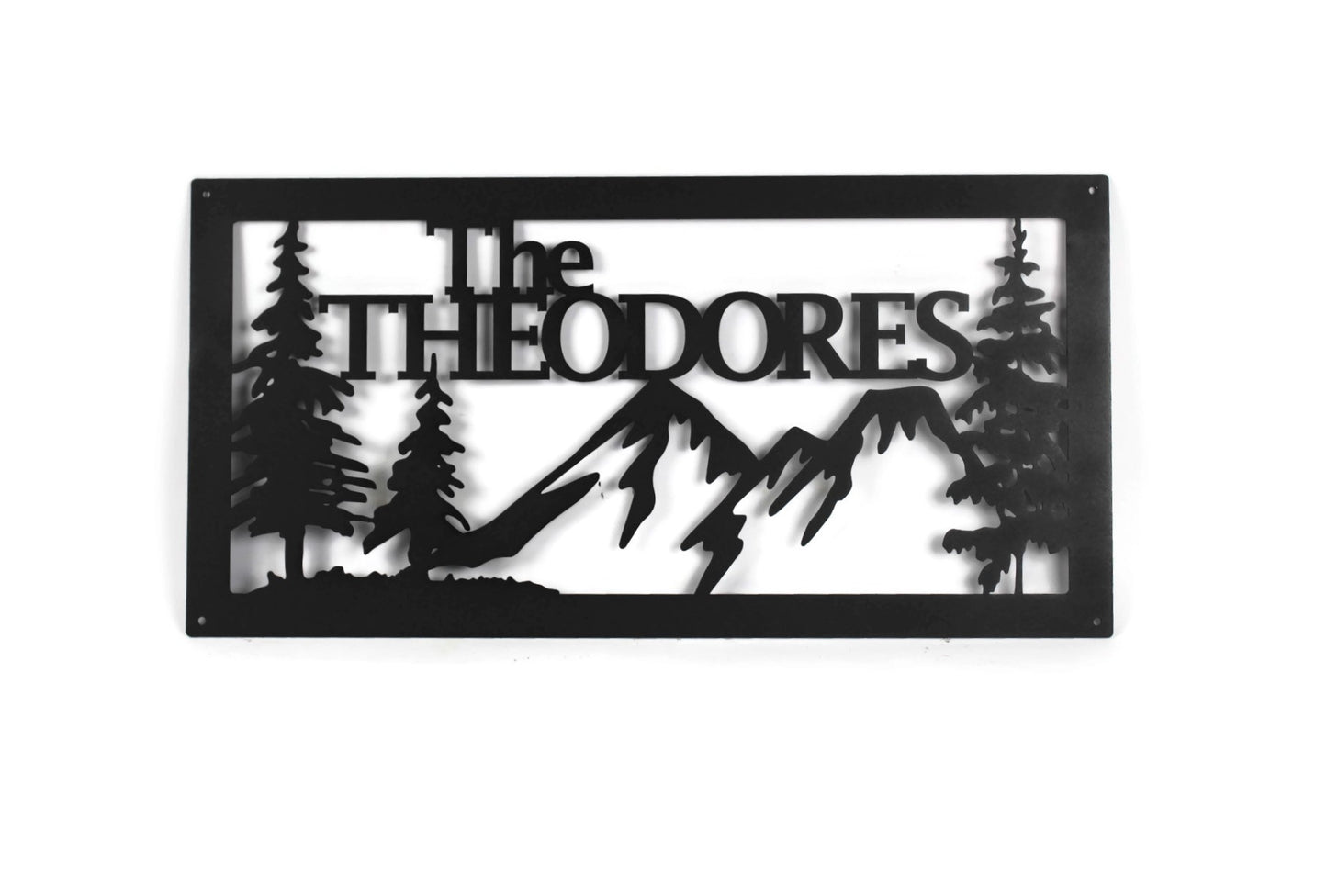 Family Name Metal Mountain Forest Cabin Sign 23 to 32 Inches Wide