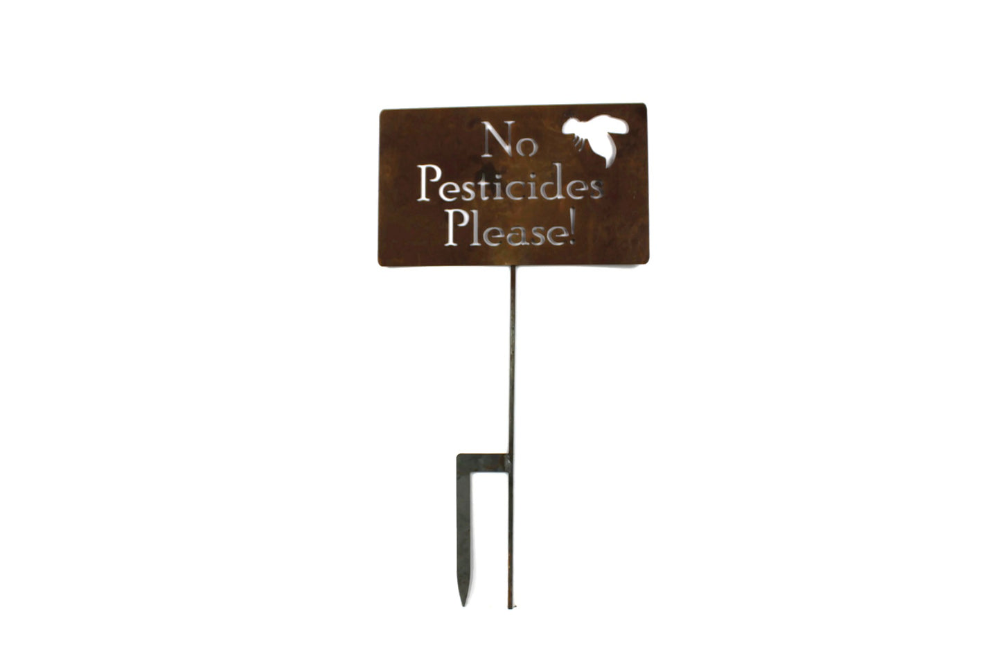 No Pesticides with bee large rusty garden stake sign