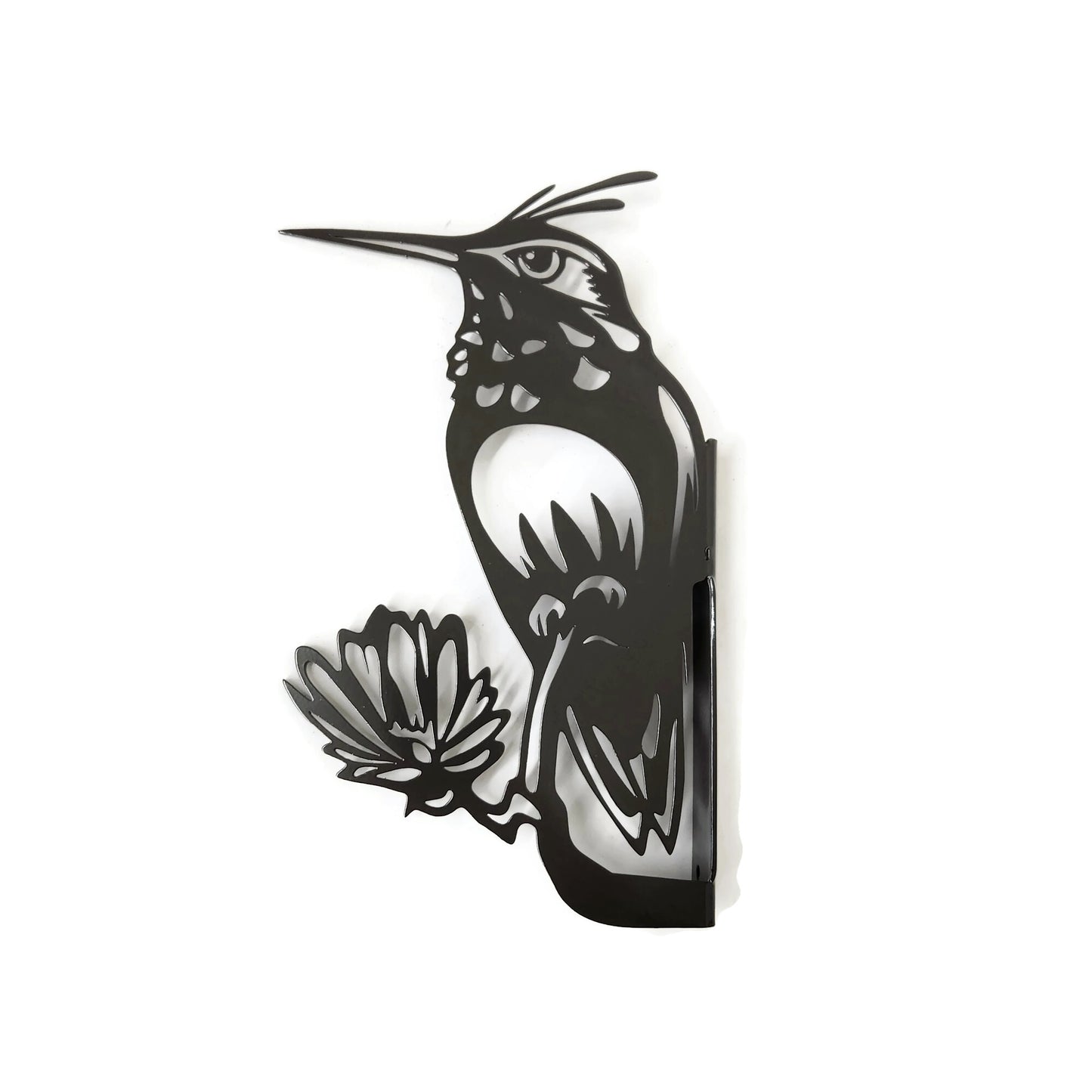 Metal hummingbird peek a boo sign in dark gray powder coat