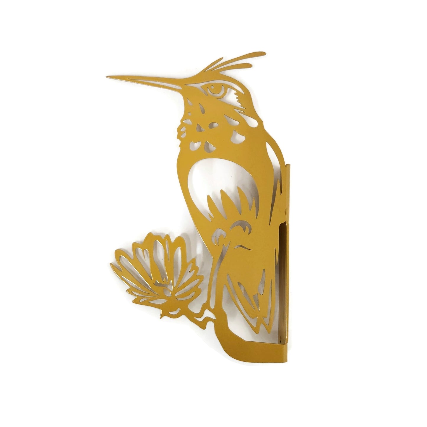 Metal hummingbird peek a boo sign in yellow powder coat