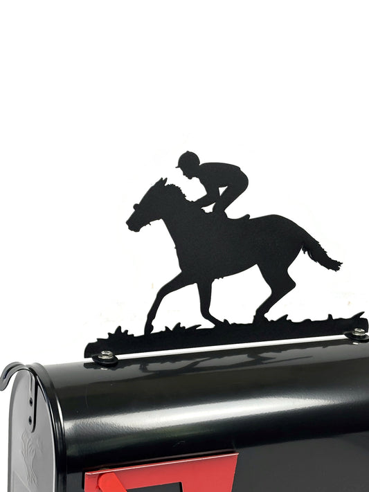 Race Horse and Jockey Metal Mailbox Topper 8.5 Inches Tall - Does Not Include a Mailbox