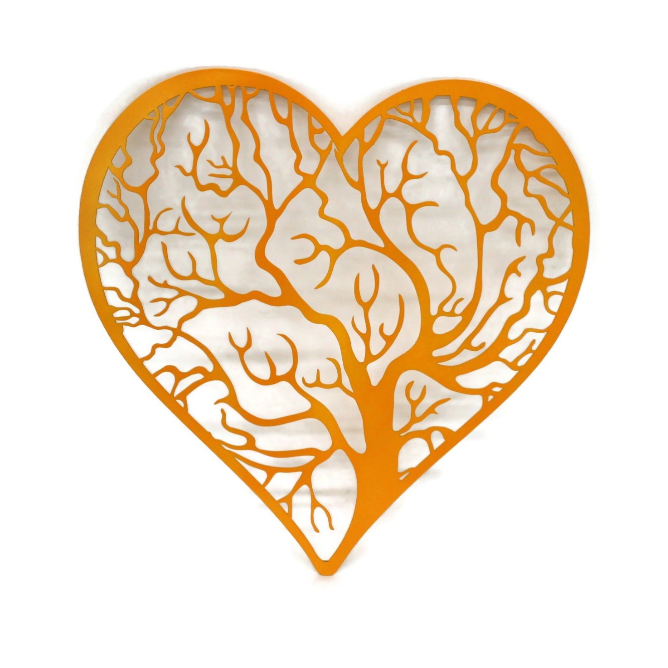 Dark yellow powder coat tree heart with outline metal wall sign