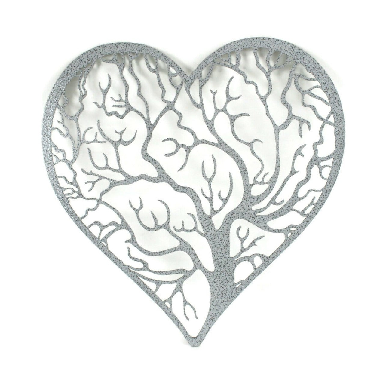 White gray hammered powder coat tree heart with outline metal wall sign