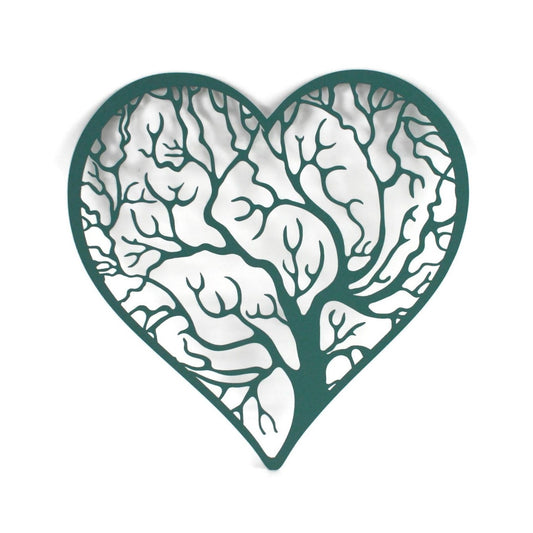 Copper patina green powder coat tree heart with outline metal wall sign