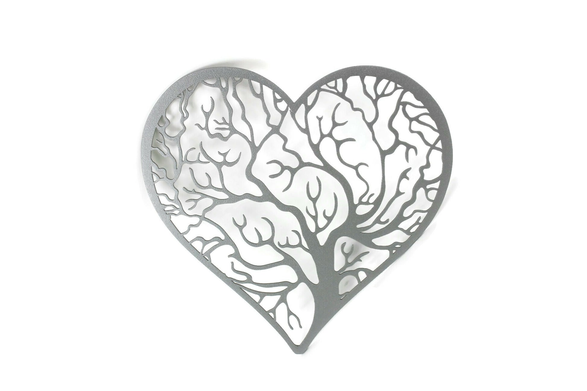 Matte silver powder coat tree heart with outline metal wall sign