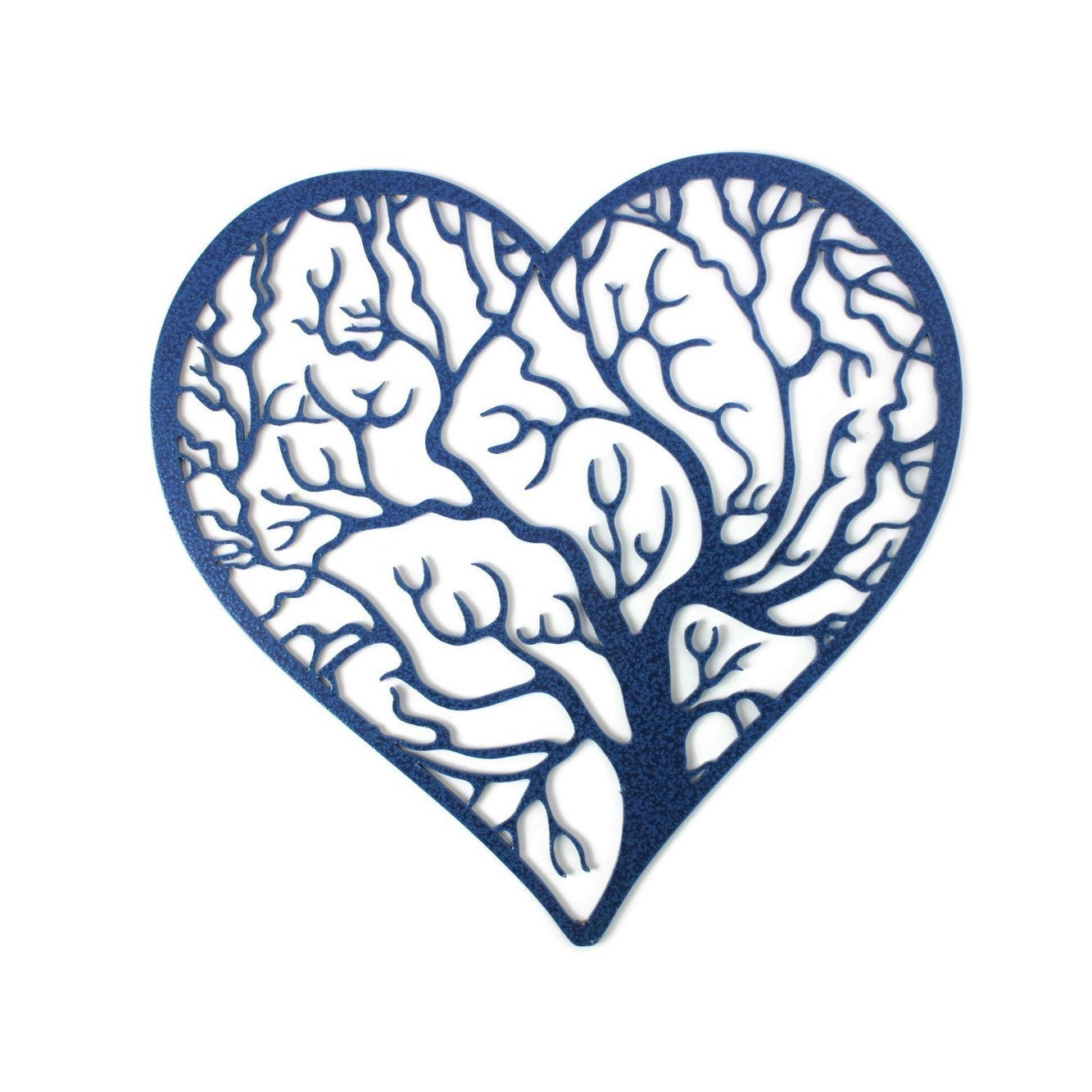 Hammered blue powder coat tree heart with outline metal wall sign